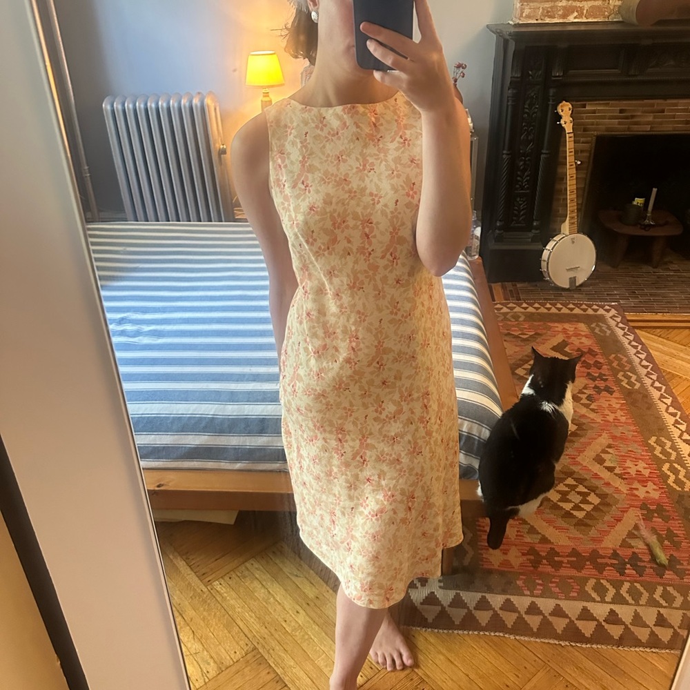 Cream and Pink Floral Midi Dress